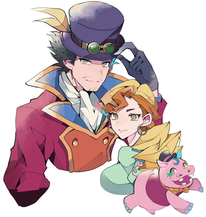 1boy, 1girl, beard_stubble, black_hair, black_hat, blonde_hair, brown_hair, coat