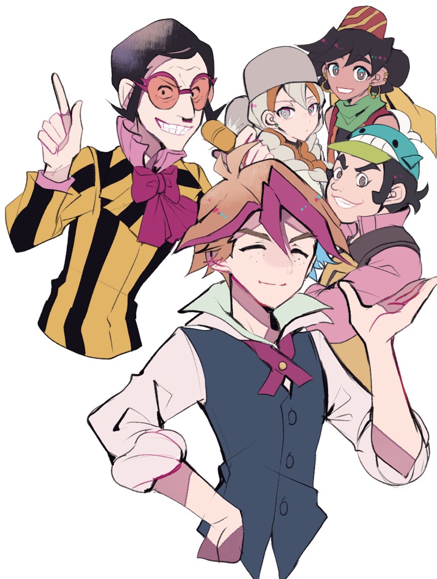 1girl, 4boys, black_hair, black_vest, blonde_hair, brown_hair, closed_eyes, collared_shirt, earrings, halil_(yu-gi-oh!), holding, holding_microphone, jewelry, long_hair, microphone, mokota_michio, multicolored_hair, multiple_boys, nico_smiley_(yu-gi-oh!), olga_(yu-gi-oh!), red-tinted_eyewear, round_eyewear, shirt, short_hair, tairyobata_teppei_(yu-gi-oh!), tasutekete, tinted_eyewear, two-tone_hair, vest, white_shirt, yu-gi-oh!, yu-gi-oh!_arc-v
