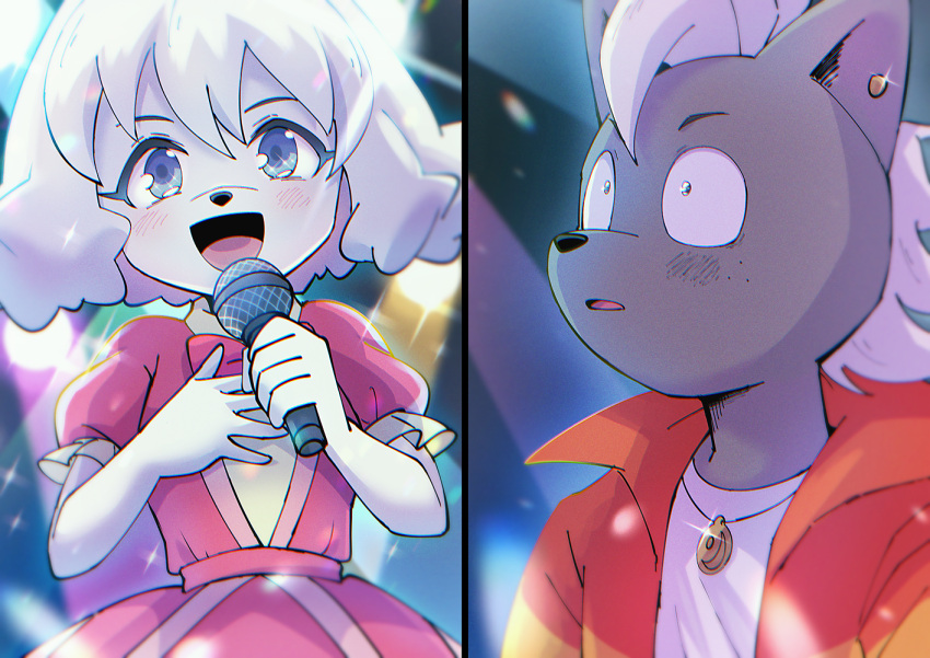 1boy, 1girl, :d, black_fur, blue_eyes, bow, bowtie, dog_girl