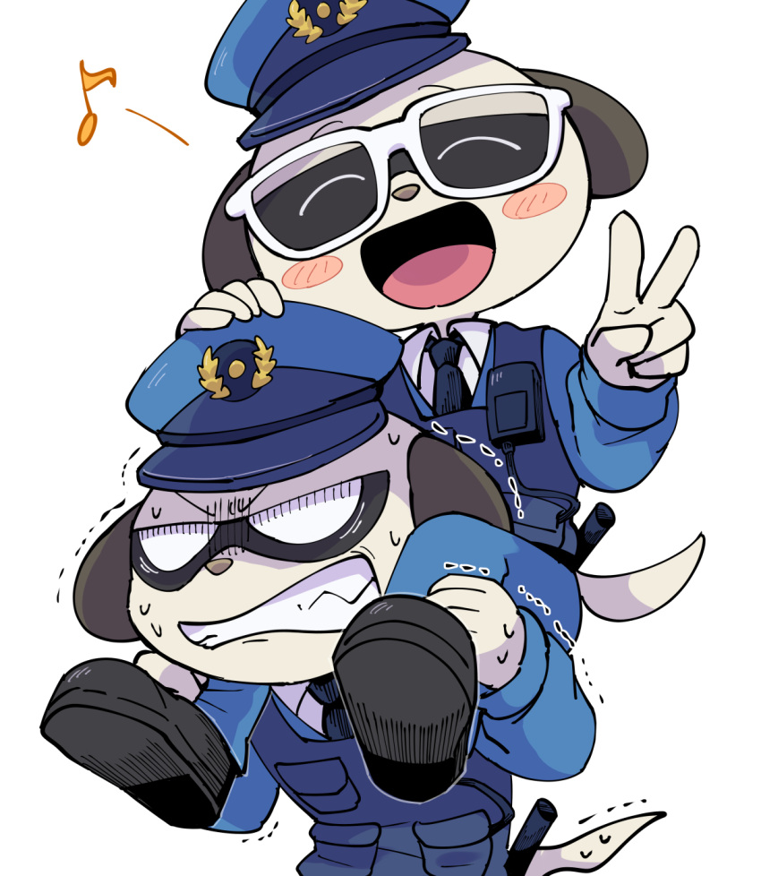 2boys, :d, ^_^, baton_(weapon), black_footwear, black_necktie, blank_eyes, blue_jacket