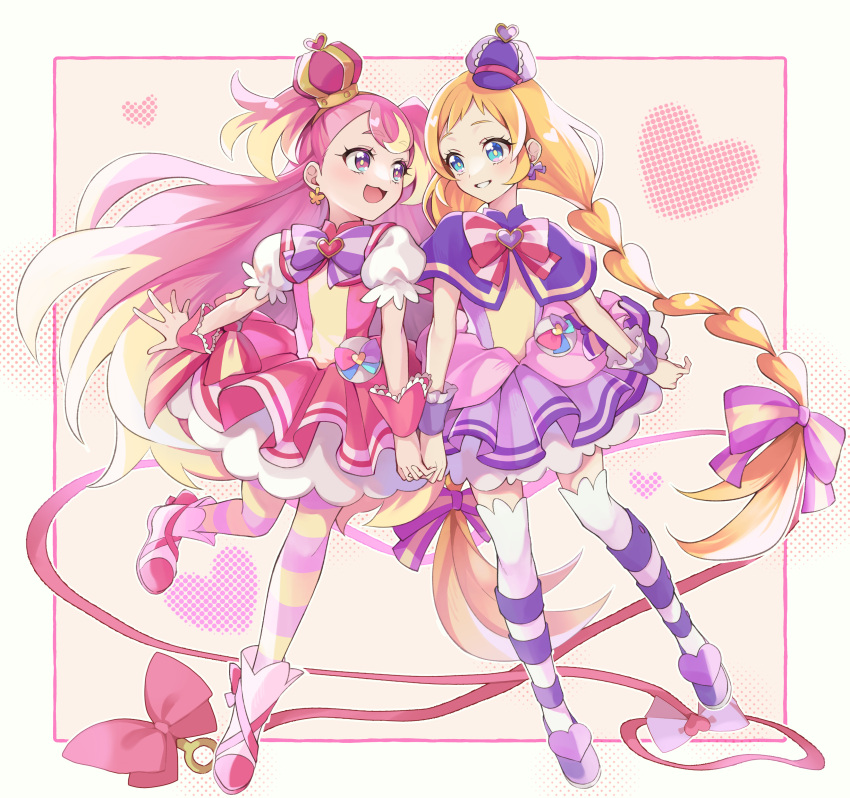 2girls, :d, absurdres, blonde_hair, blue_eyes, bow, braid, bright_pupils