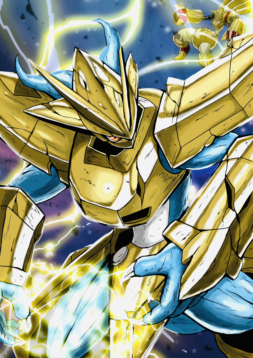 armor, blue_skin, colored_skin, damaged, digimon, digimon_(creature), dragon, electricity