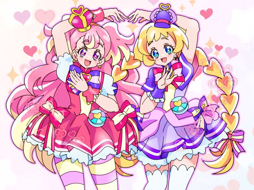 2girls, :d, blonde_hair, blue_eyes, blush, bow, bow_earrings, braid