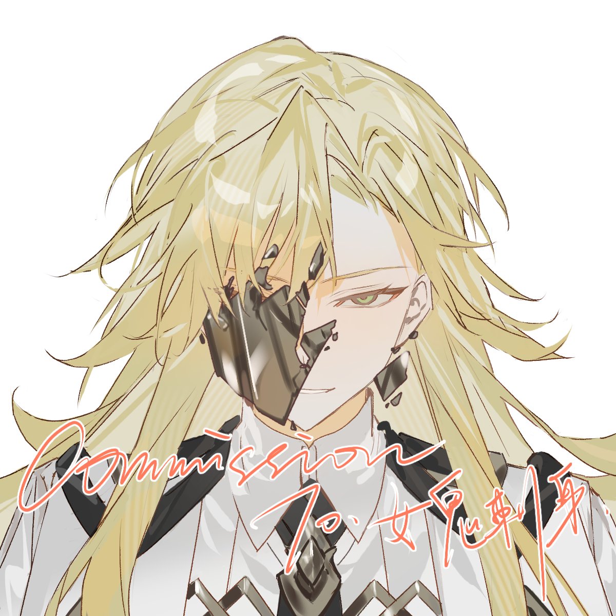 1boy, black_necktie, blonde_hair, broken_mask, collared_shirt, commission, commissioner_name, green_eyes