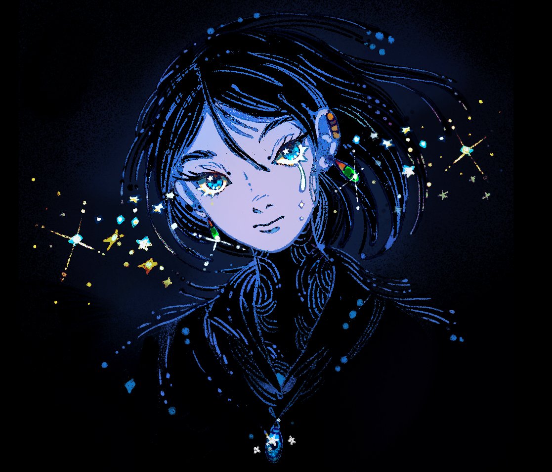 1boy, alternate_form, birdfrogdraws, black_hair, blue_background, blue_eyes, blue_hair, blue_theme