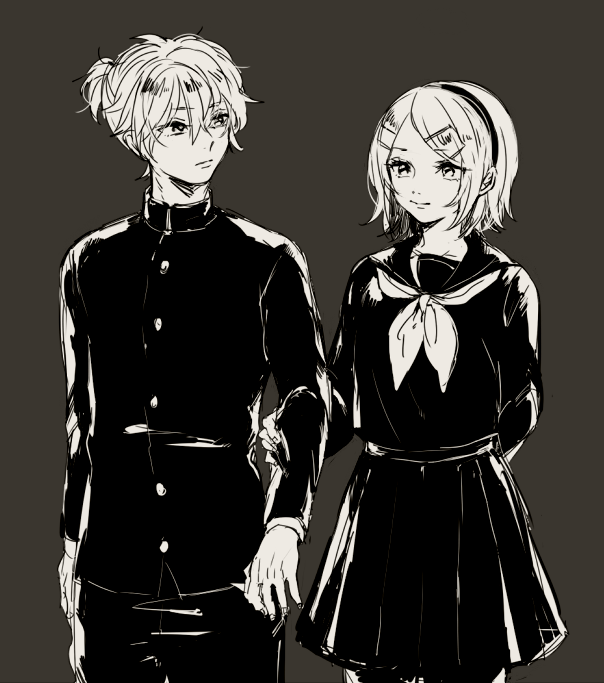 1boy, 1girl, akino_rinko, arm_behind_back, arm_grab, brother_and_sister, commentary_request, gakuran, hairband, kagamine_len, kagamine_rin, medium_hair, monochrome, pleated_skirt, school_uniform, serafuku, short_ponytail, siblings, skirt, smile, twins, vocaloid