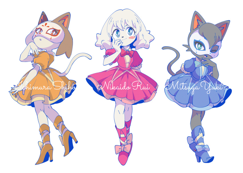 3girls, :o, black_fur, blood, blood_on_clothes, blood_splatter, blue_bow, blue_bowtie