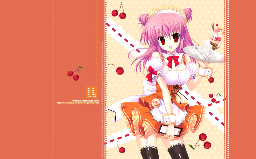 1girl, 2000s_(style), artist_name, breasts, cherry, cleavage, cowboy_shot, cup