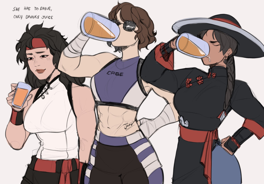 3girls, alcohol, beer, chinese_clothes, drinking, english_text, friends, genderswap