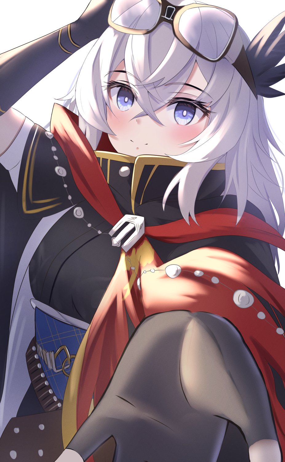 1girl, ammunition_belt, black_cloak, blue_eyes, blush, breasts, bright_pupils, cape