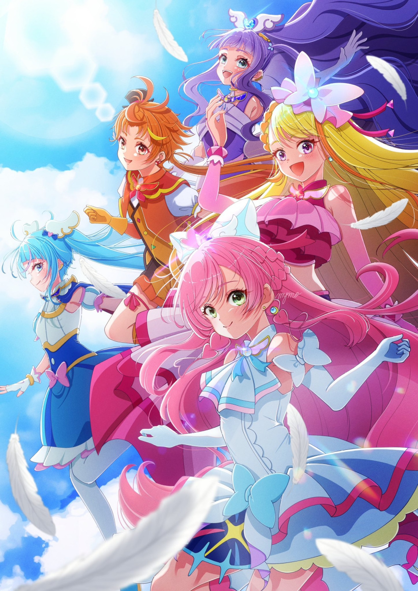 1boy, 4girls, aqua_eyes, artist_name, asymmetrical_bangs, black_hat, blonde_hair, blue_cape