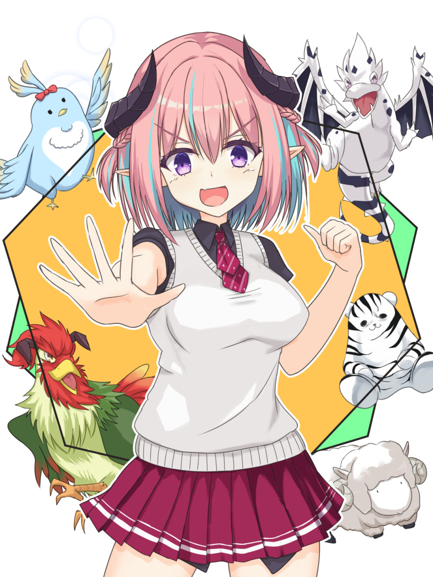 1girl, :d, bird, black_shirt, blue_bird, blue_hair, braid, breasts