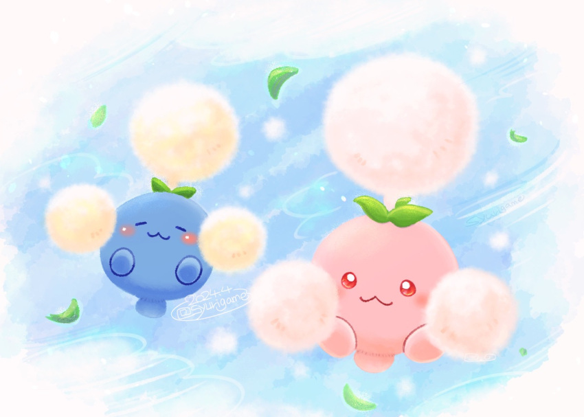 :3, =_=, alternate_color, artist_name, blue_skin, closed_mouth, colored_skin, dated, falling_leaves, floating, jumpluff, leaf, no_humans, pokemon, pokemon_(creature), red_eyes, red_skin, shiny_pokemon, shuri_(syurigame), smile, twitter_username