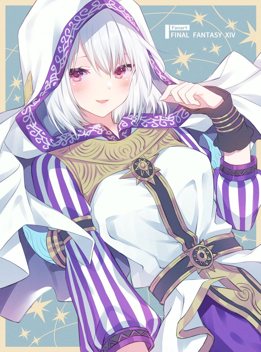 1girl, arm_warmers, ayamisiro, belt, blue_background, blush, border, bracelet, cape, copyright_name, final_fantasy, final_fantasy_xiv, hand_up, highres, hood, hood_up, hooded_cape, jewelry, looking_at_viewer, nymeia_(ff14), open_mouth, outside_border, pink_eyes, shirt, short_hair, simple_background, smile, solo, striped_sleeves, upper_body, white_cape, white_hair, white_shirt, yellow_border