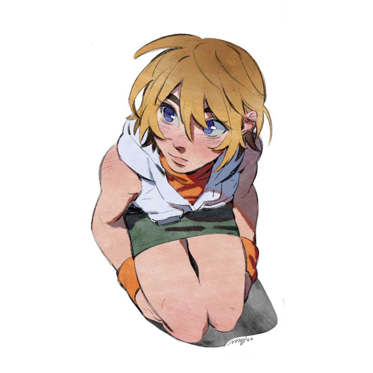 1girl, blonde_hair, blue_eyes, denim, denim_skirt, dress, freckles, heather_mason, highres, margaret_h, miniskirt, pencil_skirt, silent_hill_(series), silent_hill_3, skirt, sleeveless, sleeveless_turtleneck, turtleneck, turtleneck_dress, vest, wristband