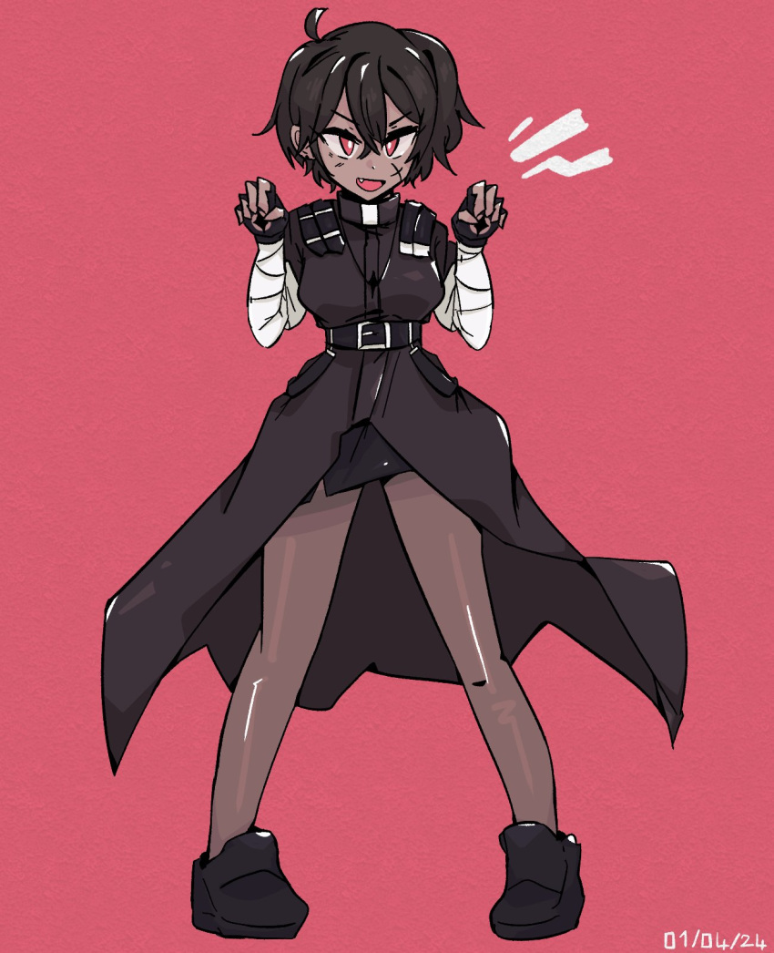 >:), 1girl, :d, ahoge, bandaged_arm, bandages, belial_(happy_saint_sheol), belt, belt_buckle, black_coat, black_footwear, black_hair, black_skirt, breasts, bright_pupils, brown_pantyhose, buckle, claw_pose, coat, cross_scar, dark-skinned_female, dark_skin, fang, fingerless_gloves, full_body, genderswap, genderswap_(mtf), gloves, habit, hair_between_eyes, happy_saint_sheol, highres, looking_at_viewer, medium_breasts, miniskirt, noctishy, pantyhose, red_background, red_eyes, scar, scar_on_cheek, scar_on_face, short_hair, side_slit, simple_background, skirt, smile, solo, standing, star_(symbol), tsurime, v-shaped_eyebrows, white_pupils