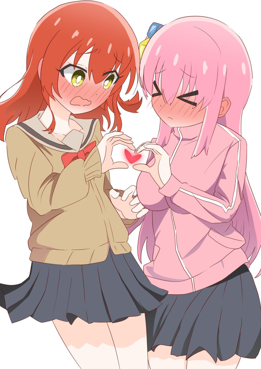 >_<, 2girls, black_skirt, blush, bocchi_the_rock!, bow, bright_pupils, closed_mouth