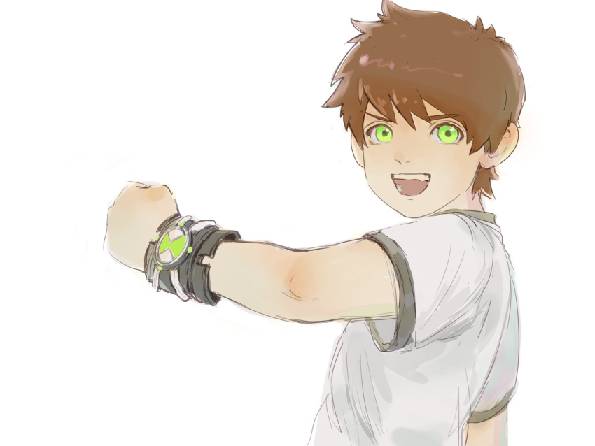1boy, :d, ben_10, ben_tennyson, brown_hair, child, commentary, from_side, green_eyes, highres, looking_at_viewer, looking_back, male_focus, mixed-language_commentary, omnitrix, open_mouth, shirt, short_hair, short_sleeves, simple_background, smile, solo, teeth, thekidroxas, upper_body, white_background, white_shirt