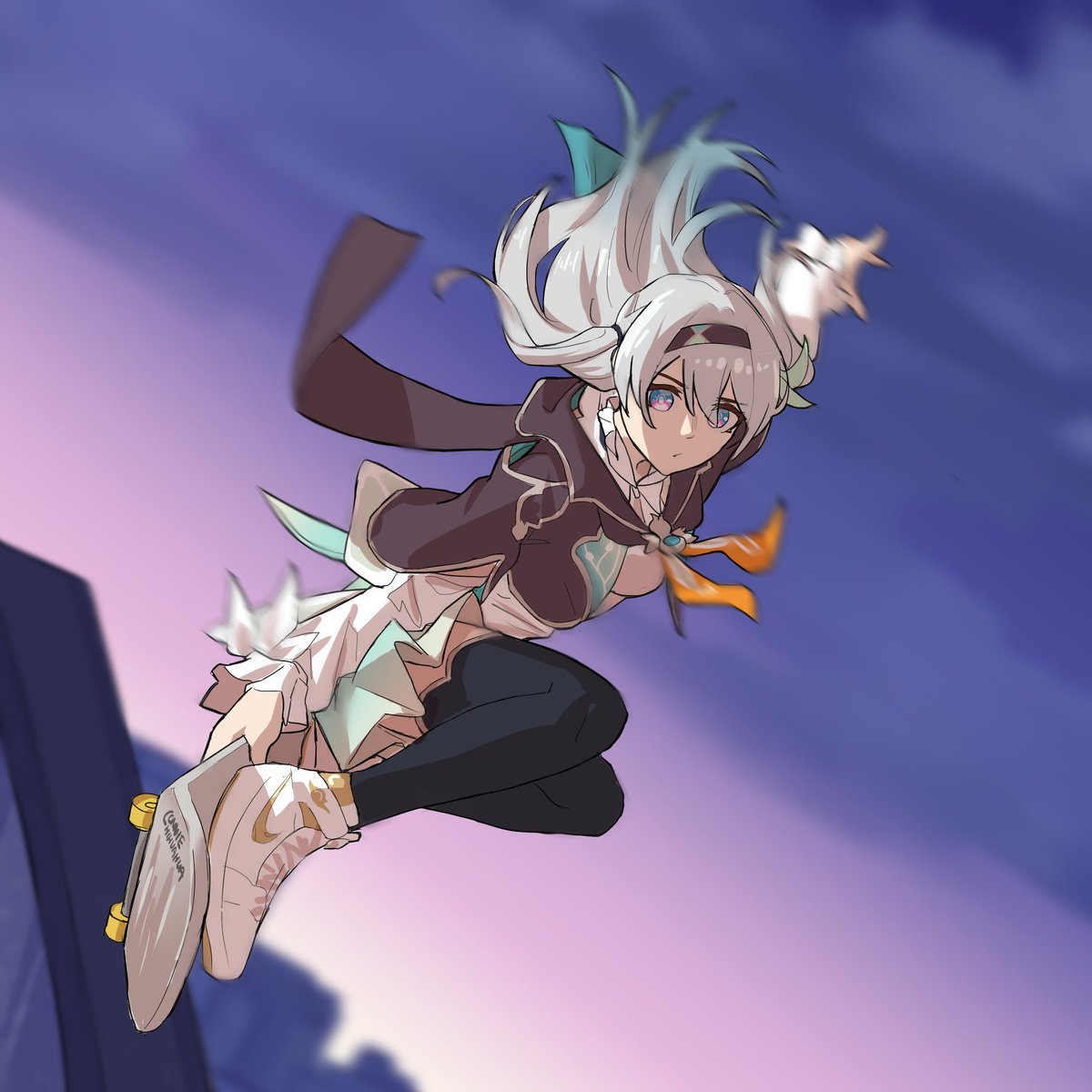 1girl, black_hairband, black_thighhighs, commentary, connie-chihuahua, english_commentary, firefly_(honkai:_star_rail), gradient_eyes, gradient_hair, green_hair, grey_hair, hairband, highres, honkai:_star_rail, honkai_(series), long_hair, looking_at_viewer, multicolored_eyes, multicolored_hair, nike_(company), outdoors, pleated_skirt, shoes, skateboard, skateboarding, skirt, sneakers, solo, thigh-highs, two-tone_hair, white_footwear