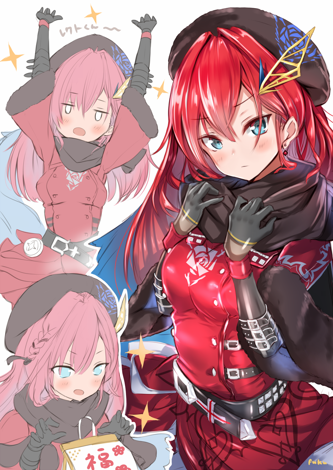 belt, black_gloves, black_hat, blue_eyes, blush, elbow_gloves, floral_print, fuku_kitsune_(fuku_fox), gloves, highres, jacket, kiara_(shironeko_project), long_hair, red_eyes, rose_print, scarf, shironeko_project
