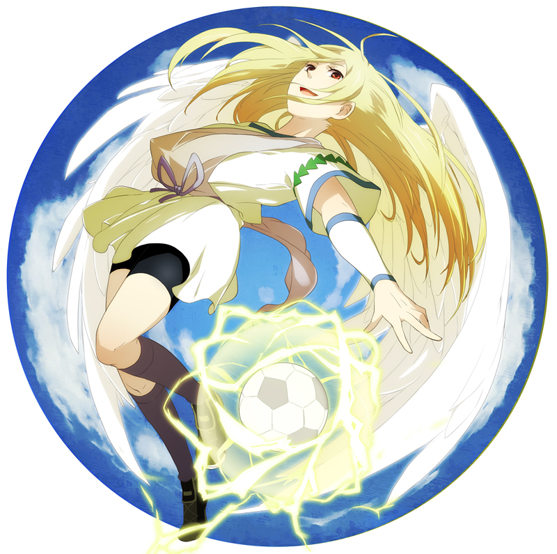 afuro_terumi, ball, bike_shorts, blonde_hair, inazuma_eleven, long_hair, red_eyes, rocoya, sash, sky, soccer_ball, telstar, trap, wings