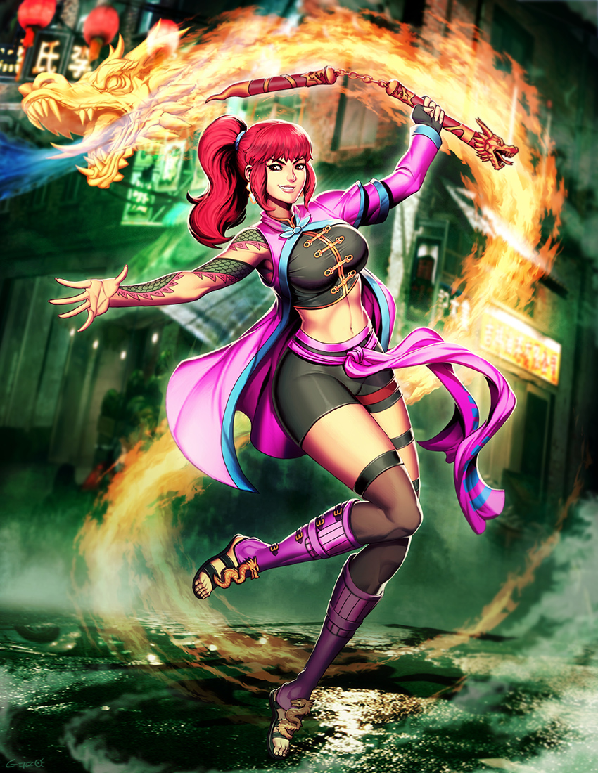 1girl, abs, bangs, china_dress, cityscape, commission, dragon, female