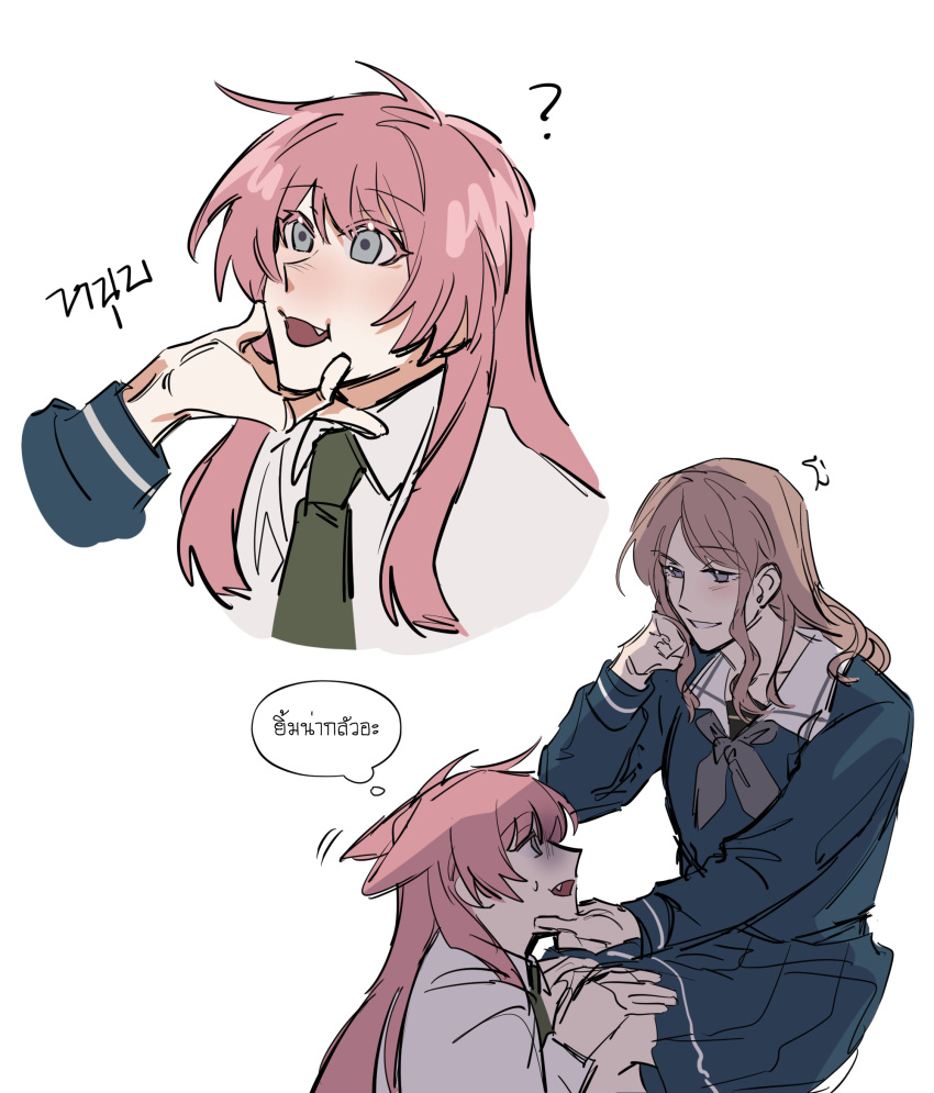 2girls, ?, animal_ears, bang_dream!, bang_dream!_it's_mygo!!!!!, blue_shirt, blue_skirt, brown_hair