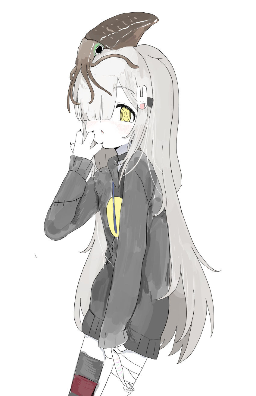 1girl, @_@, absurdres, animal_hands, bandaged_leg, bandages, blunt_bangs, cephalopod