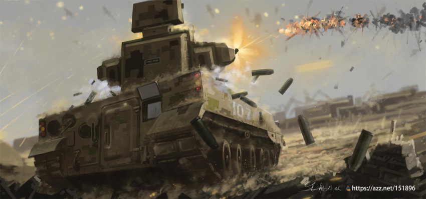 anti-aircraft_gun, blurry, blurry_background, camouflage, casing_ejection, caterpillar_tracks, chinese_commentary, commentary, digital_camouflage, explosion, firing, from_behind, highres, military_vehicle, no_humans, original, people's_liberation_army, pgz-09, projectile_trail, rubble, shell_casing, shouhui_lang_qun, signature, smoke, war, web_address