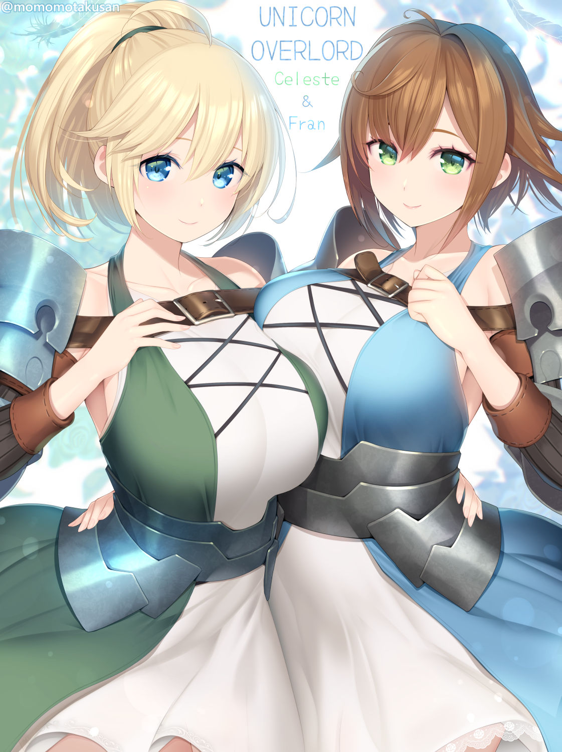 2girls, ahoge, alternate_breast_size, armor, armored_dress, blonde_hair, blue_eyes, breasts