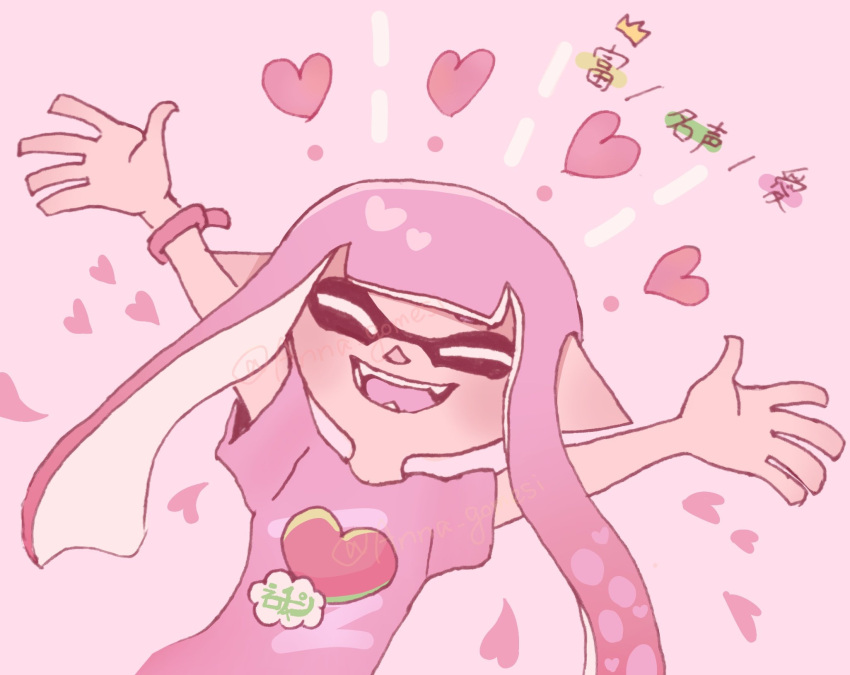 1girl, anna_gomesi, arms_up, closed_eyes, commentary_request, heart, heart_print, highres