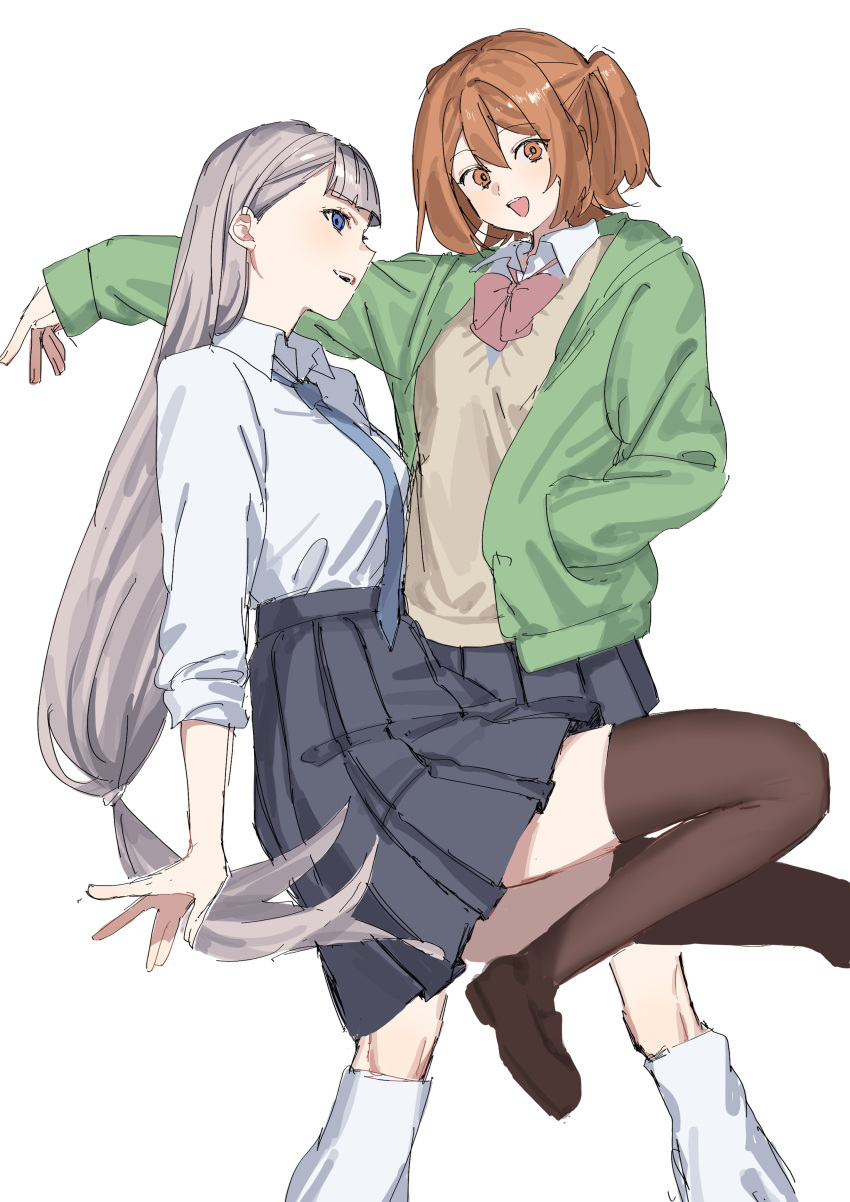 2girls, absurdres, black_skirt, black_thighhighs, blue_eyes, blue_necktie, bow, bowtie