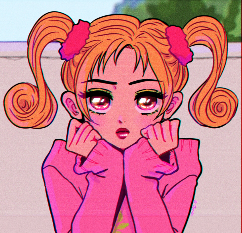 1girl, artist_name, blonde_hair, closed_mouth, english_commentary, eyeshadow, gokinjo_monogatari, hands_on_own_cheeks