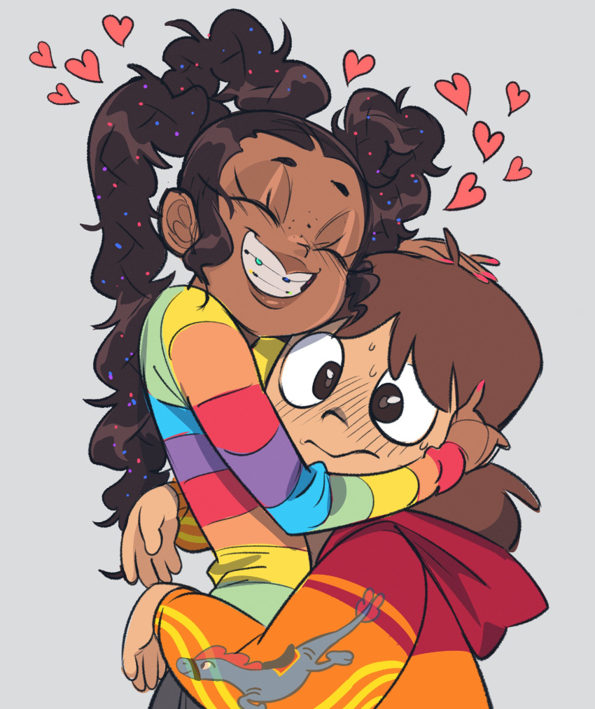 1boy, 1girl, blush, braces, breasts, brown_eyes, commentary, foster's_home_for_imaginary_friends