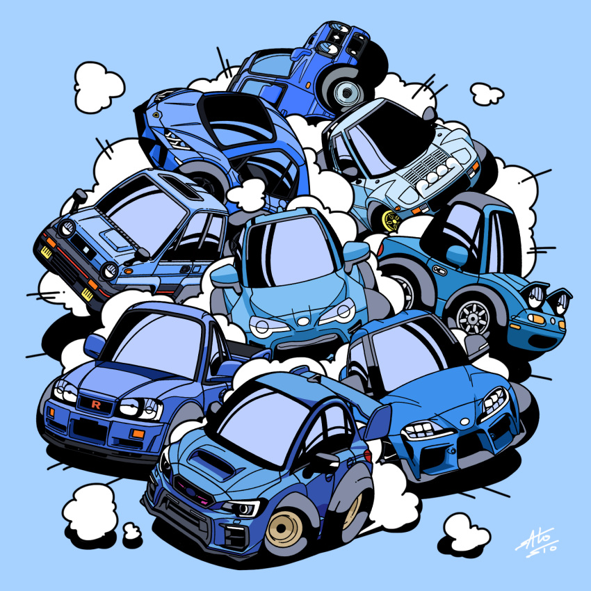 blue_background, blue_car, blue_theme, car, chibi, choro-q, highres, honda