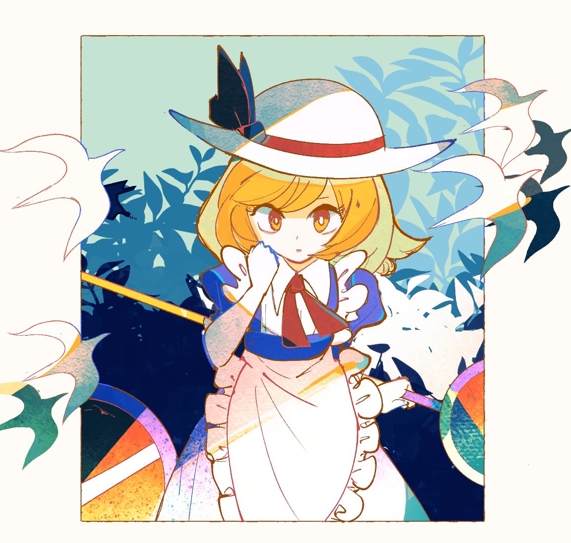 1girl, apron, bird, blonde_hair, blue_dress, border, breasts, bush