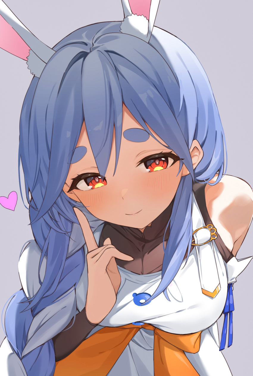 1girl, absurdres, animal_ear_fluff, animal_ears, bent_over, black_bodysuit, blue_hair, blush, bodysuit, braid, braided_ponytail, detached_sleeves, dress, heart, highres, hololive, kakeru_(kakeruanim), long_hair, looking_at_viewer, multicolored_hair, orange_eyes, pekomama, rabbit-shaped_pupils, rabbit_ears, rabbit_girl, short_eyebrows, smile, solo, streaked_hair, symbol-shaped_pupils, virtual_youtuber, white_dress, white_hair, white_sleeves