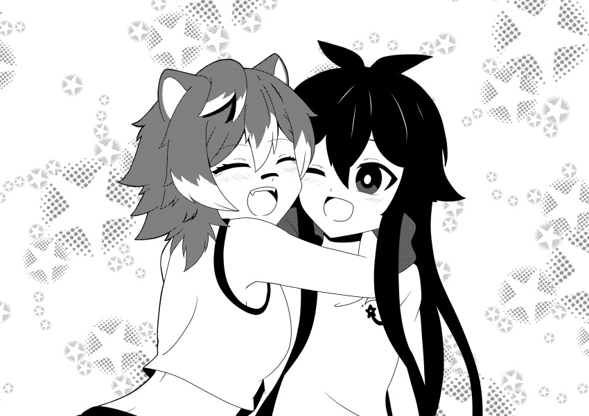 2girls, :d, ^_^, absurdres, animal_ears, antenna_hair, bandaid, bandaid_on_face