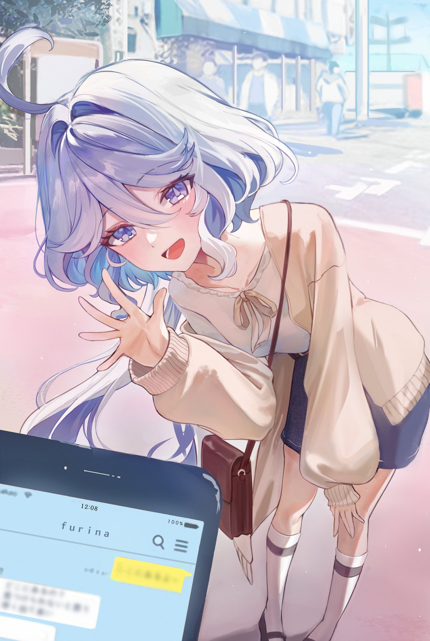 1girl, absurdres, bag, black_footwear, black_shorts, blue_eyes, blue_hair, blue_skirt, brown_bag, brown_cardigan, cardigan, casual, cellphone, character_name, chat_log, city, collarbone, cowlick, dasha, drop-shaped_pupils, furina_(genshin_impact), genshin_impact, hair_between_eyes, hand_on_own_knee, hand_up, heterochromia, high_heels, highres, jacket, kneehighs, leaning_forward, light_blue_hair, long_hair, long_sleeves, looking_at_viewer, multicolored_hair, open_mouth, outdoors, phone, shirt, shoes, shorts, shoulder_bag, skirt, smartphone, smile, socks, solo, sweater, sweater_jacket, symbol-shaped_pupils, tongue, waving, wavy_hair, white_hair, white_shirt, white_socks