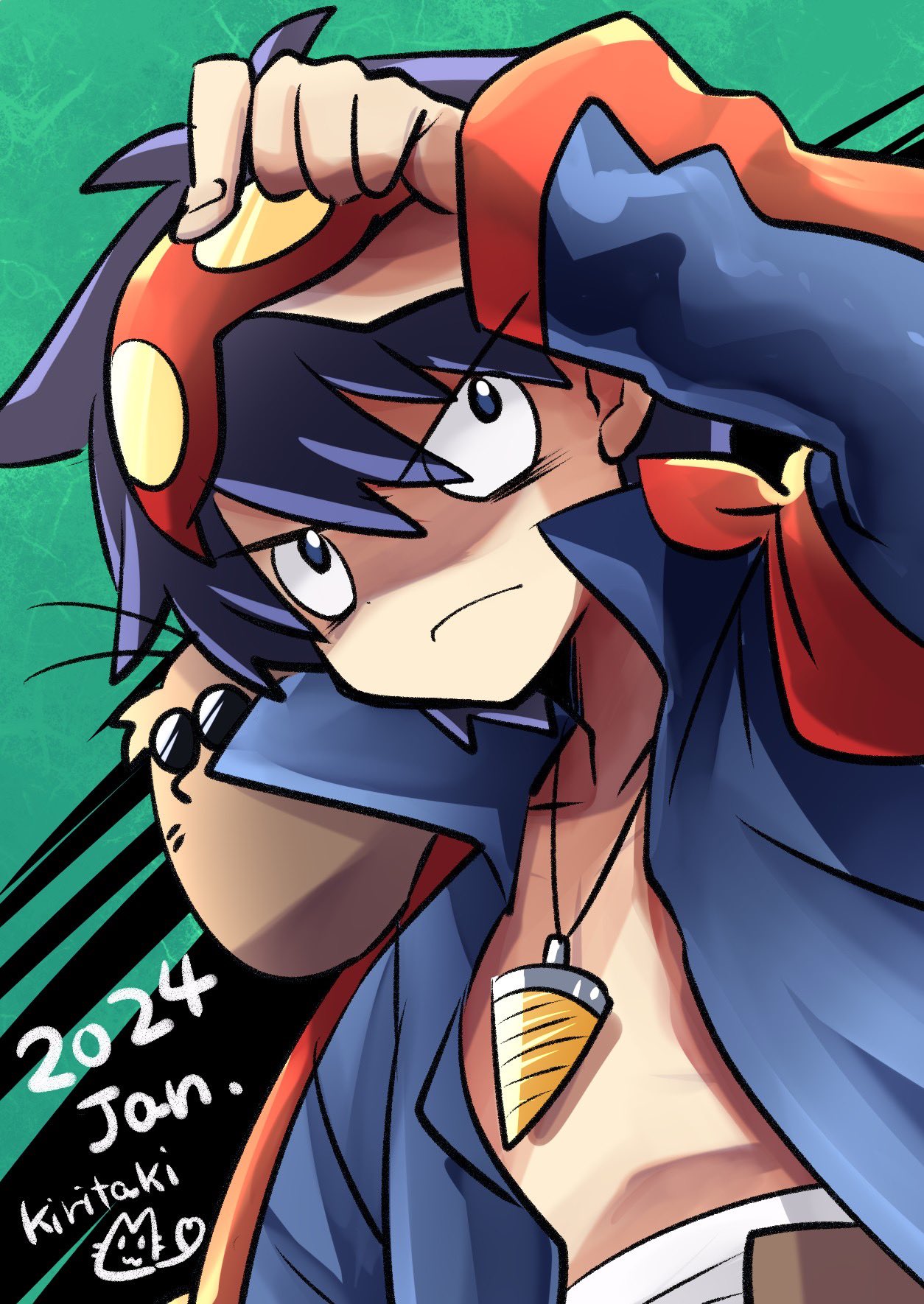 1boy, artist_name, black_hair, blue_eyes, blue_jacket, boota_(ttgl), closed_mouth, dated, drill, goggles, goggles_on_head, hair_between_eyes, highres, jacket, jewelry, kiritaki, long_sleeves, male_focus, necklace, open_clothes, open_jacket, short_hair, simon_(ttgl), tengen_toppa_gurren_lagann, upper_body