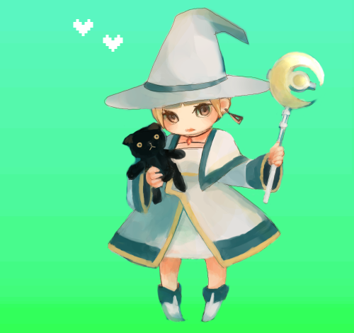 brown_eyes, brown_hair, earrings, hat, heart, jewelry, kawashima_chihiro, mage, plush, seikimatsu_occult_gakuin, spoilers, wand, witch_hat