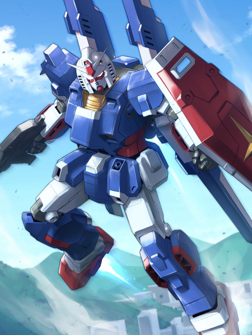 absurdres, arm_shield, beam_rifle, blue_sky, building, city, clouds, commentary_request