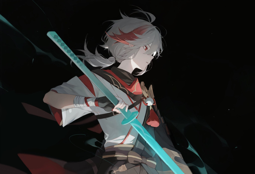 1boy, armor, bandaged_arm, bandaged_hand, bandages, black_background, black_gloves, fingerless_gloves