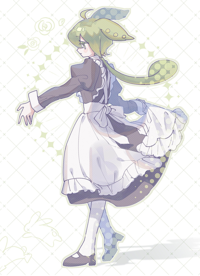 1girl, absurdres, ahoge, alternate_costume, alternate_eye_color, apron, black_dress, black_footwear
