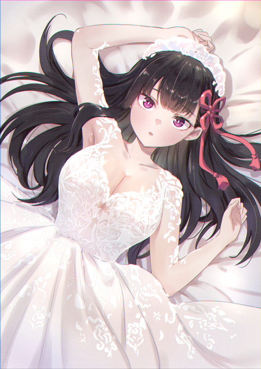 1girl, artist_request, black_hair, blunt_bangs, breasts, dress, formal, highres
