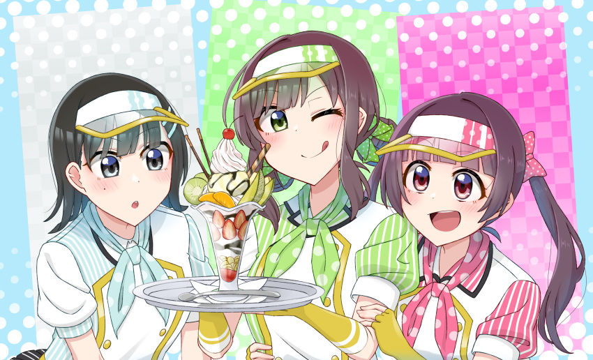 3girls, :d, :o, ;q, asymmetrical_shirt, asymmetrical_sleeves, behind_another, black_hair