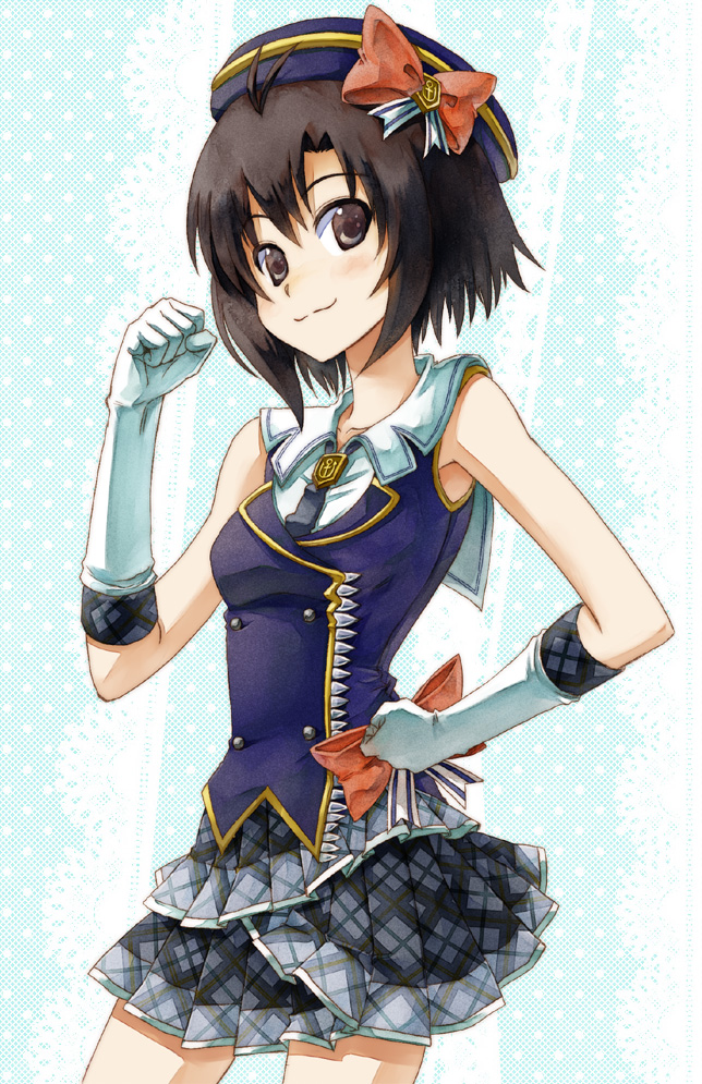 antenna_hair, black_eyes, black_hair, bow, clenched_hands, elbow_gloves, fist, gloves