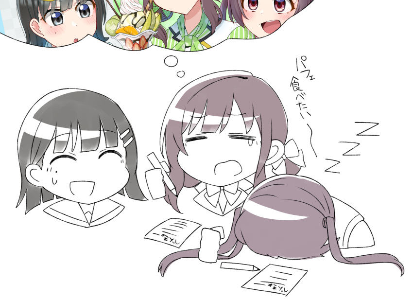 3girls, =_=, ^_^, black_hair, blunt_bangs, bow, bowtie, brown_hair, clenched_hand, closed_eyes, commentary, d:, exhausted, face_down, hair_bow, hair_ornament, hairclip, highres, holding, holding_pencil, imagining, long_hair, love_live!, love_live!_school_idol_musical, medium_hair, mikasa_maya, multiple_girls, open_mouth, paperwork, partially_colored, partially_translated, pencil, rayman_limbs, short_hair, sleeping, smile, sumeragi_yuzuha, suzuka_rena, sweatdrop, tearing_up, tetetsu_(yuns4877), thought_bubble, translation_request, twintails, zzz