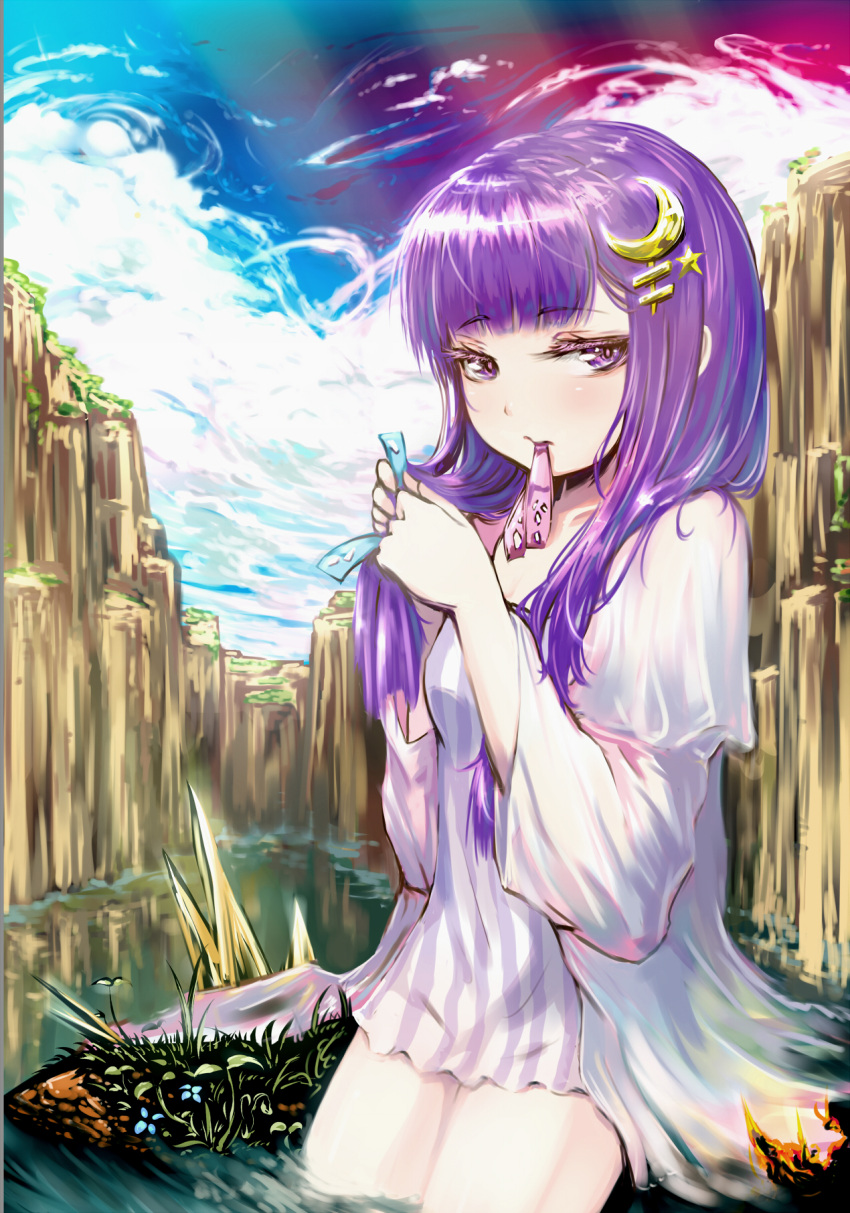 crescent, crescent_moon, face, hair_ornament, hair_ribbon, highres, long_hair, mouth_hold