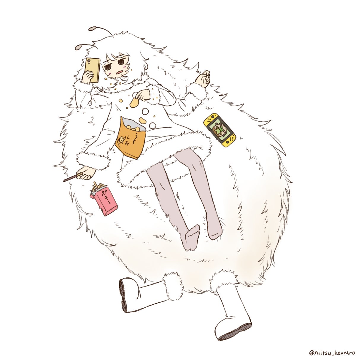1girl, antennae, arthropod_girl, artist_name, bag_of_chips, barefoot, boots, cellphone